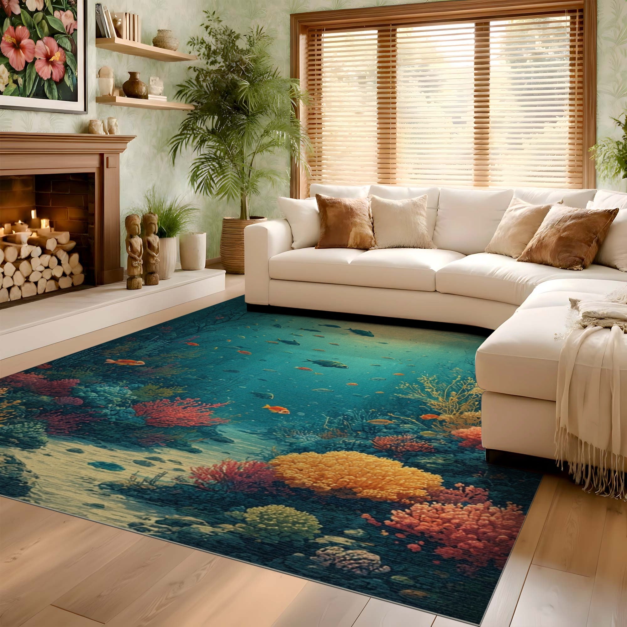 ODIKA Washable Ocean Coral Reef Area Rug - Non-Slip Low Pile Marine Decor