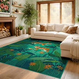 ODIKA Tropical Tiger Jungle Washable Rug - Green Low Pile Non-Slip Kids & Pet Friendly Area Rug