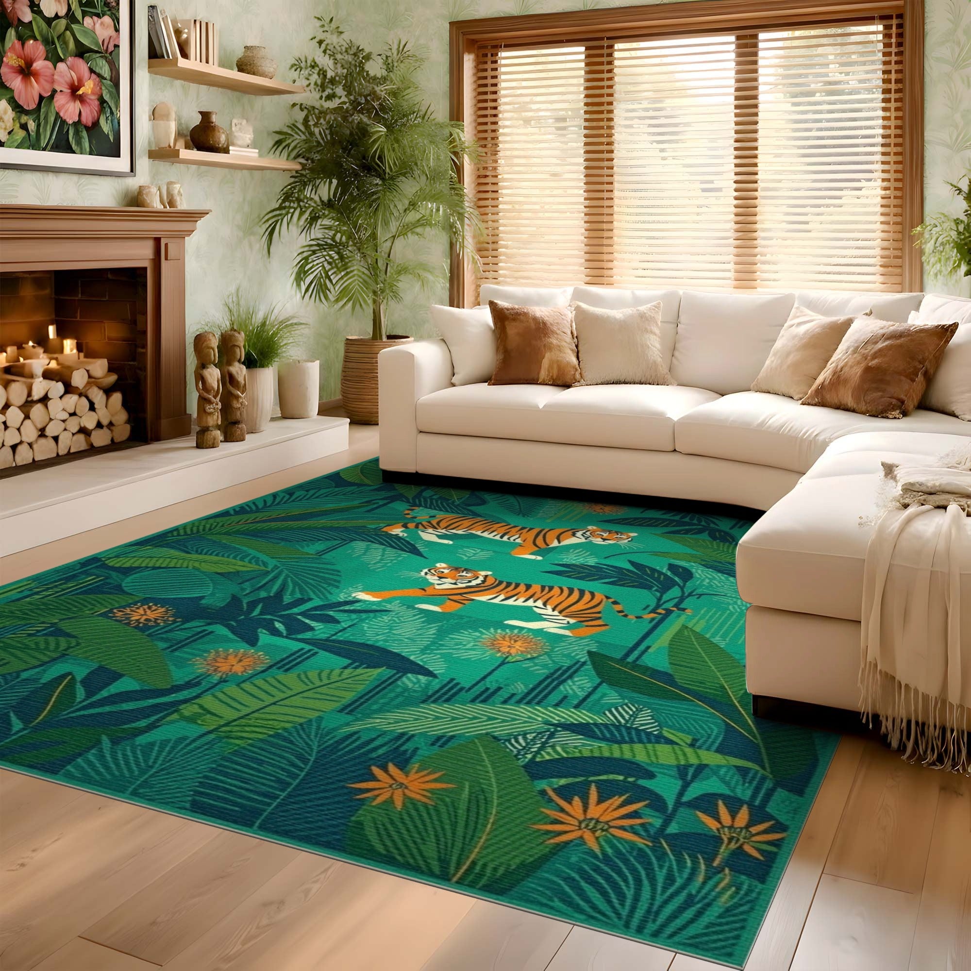 ODIKA Tropical Tiger Jungle Washable Rug - Green Low Pile Non-Slip Kids & Pet Friendly Area Rug
