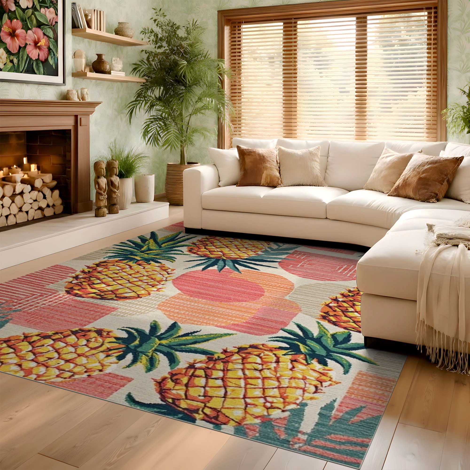 ODIKA Tropical Pineapple Geometric Washable Area Rug - Non-Slip Low Pile
