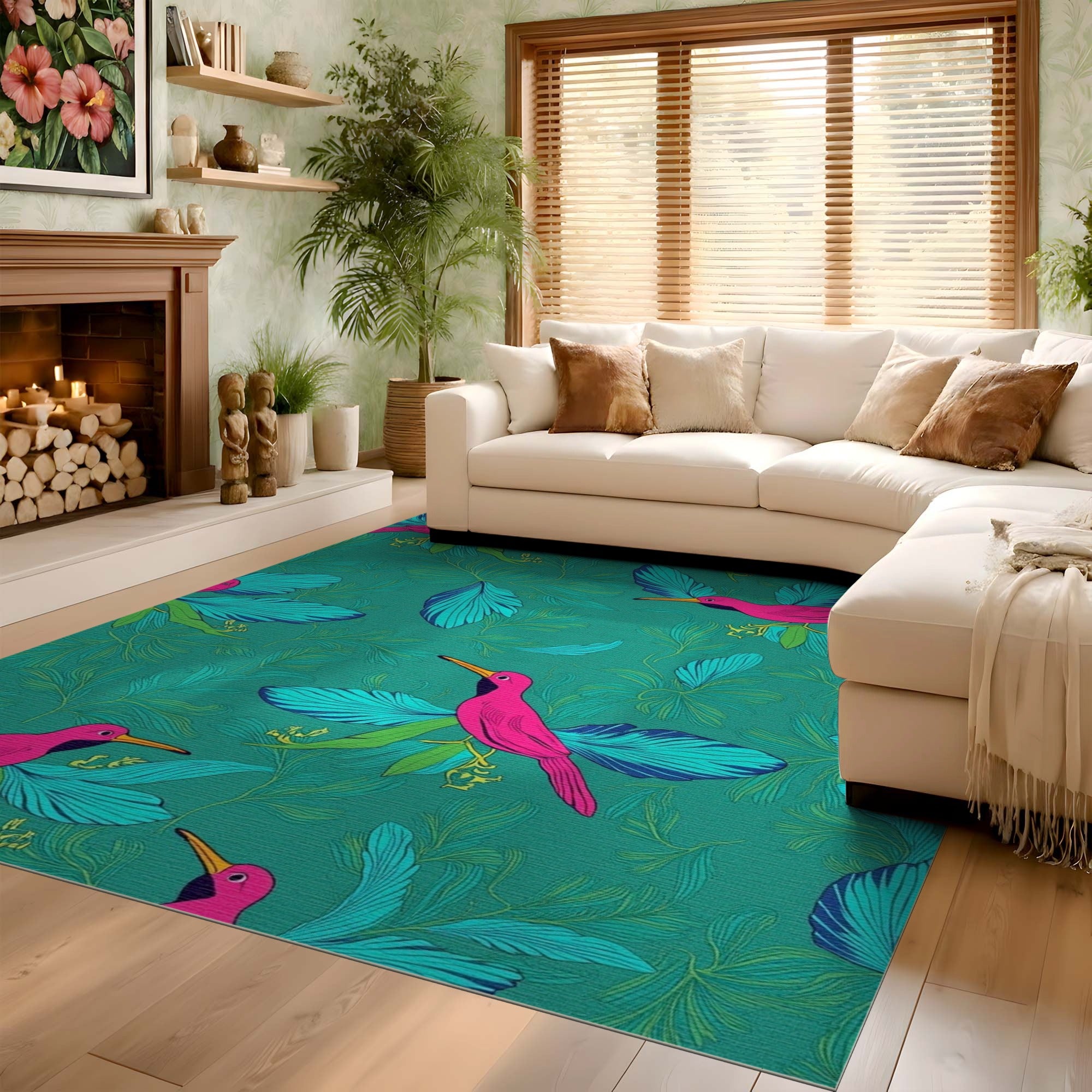 ODIKA Washable Teal Hummingbird Area Rug - Low Pile Non-Slip Botanical Rug for Living Room