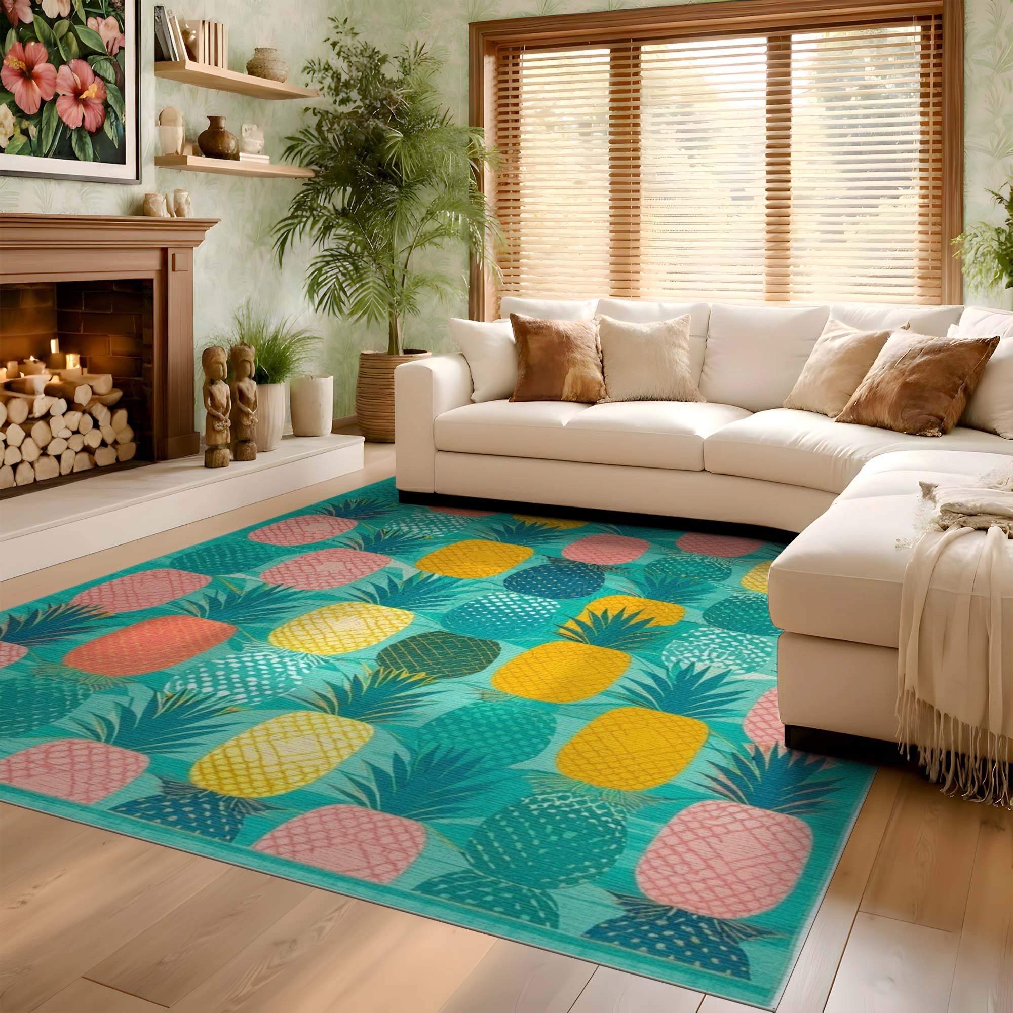 ODIKA Tropical Pineapple Colorful Washable Area Rug - Non-Slip Low Pile