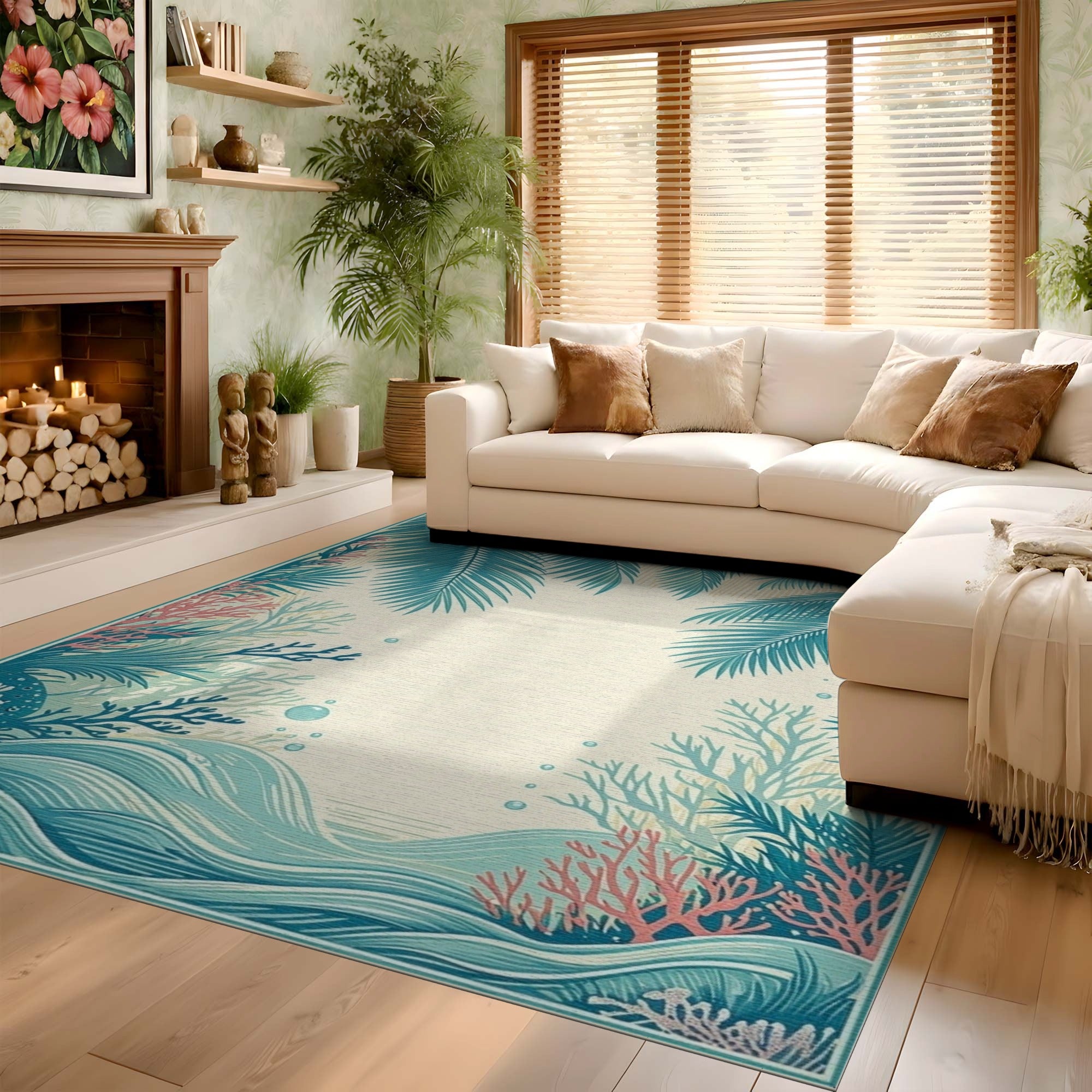 ODIKA Tropical Coastal Palm & Coral Washable Area Rug - Low Pile Non-Slip Indoor Rug