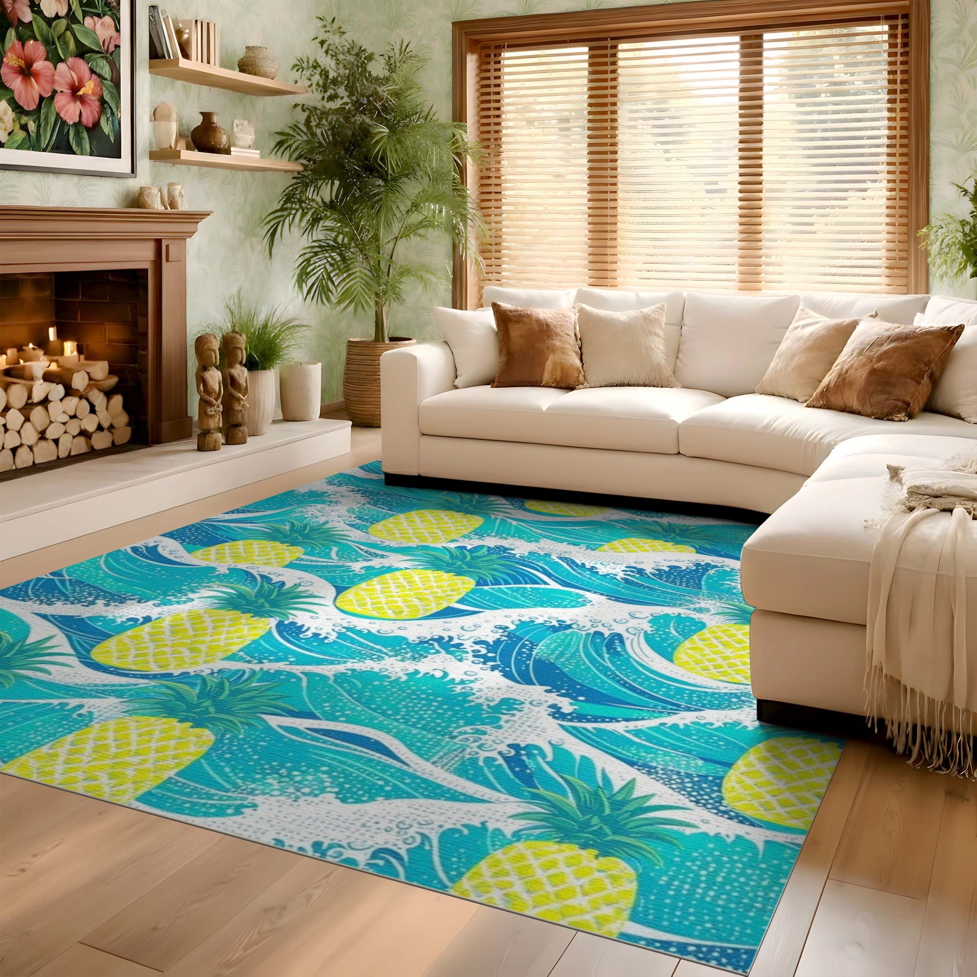 ODIKA Tropical Pineapple Ocean Wave Washable Rug - Low Pile Non-Slip Area Rug