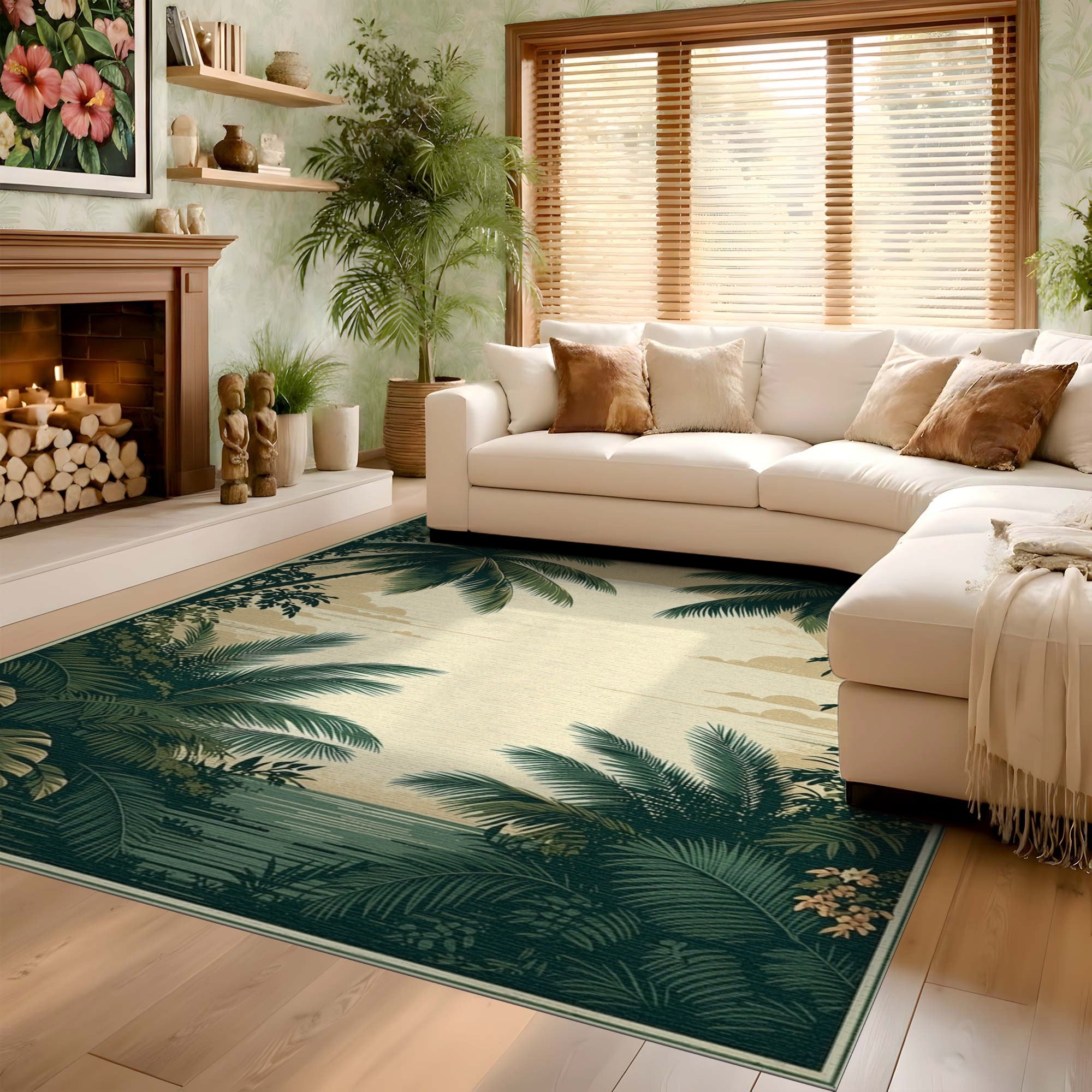 ODIKA Vintage Tropical Palm Tree Washable Rug - Low Pile Non-Slip Area Rug