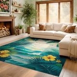 ODIKA Washable Tropical Paradise Area Rug - Teal Palm Leaf & Hibiscus Low Pile Non-Slip Rug