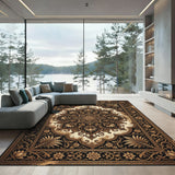 Golden Floral Medallion Black Ivory Rug