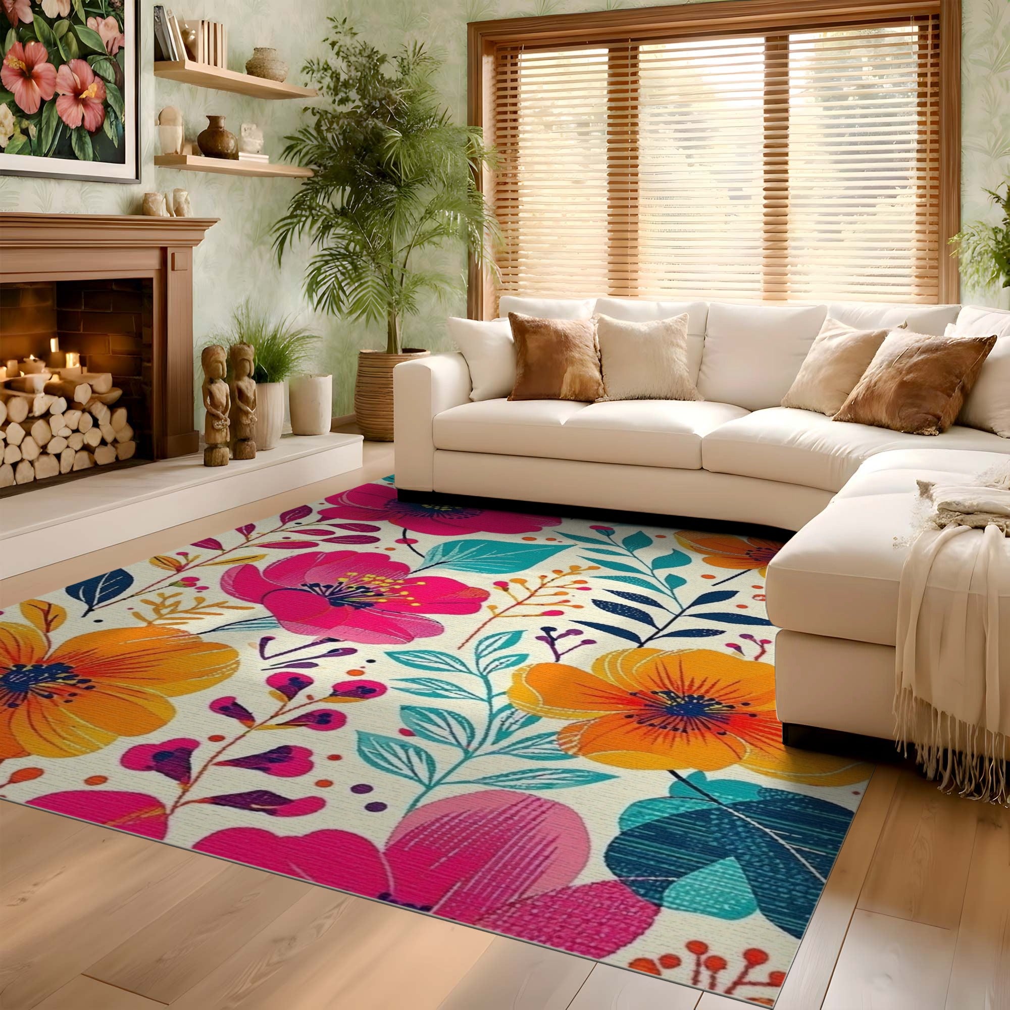 ODIKA Colorful Modern Floral Washable Area Rug - Low Pile Non-Slip Indoor Carpet