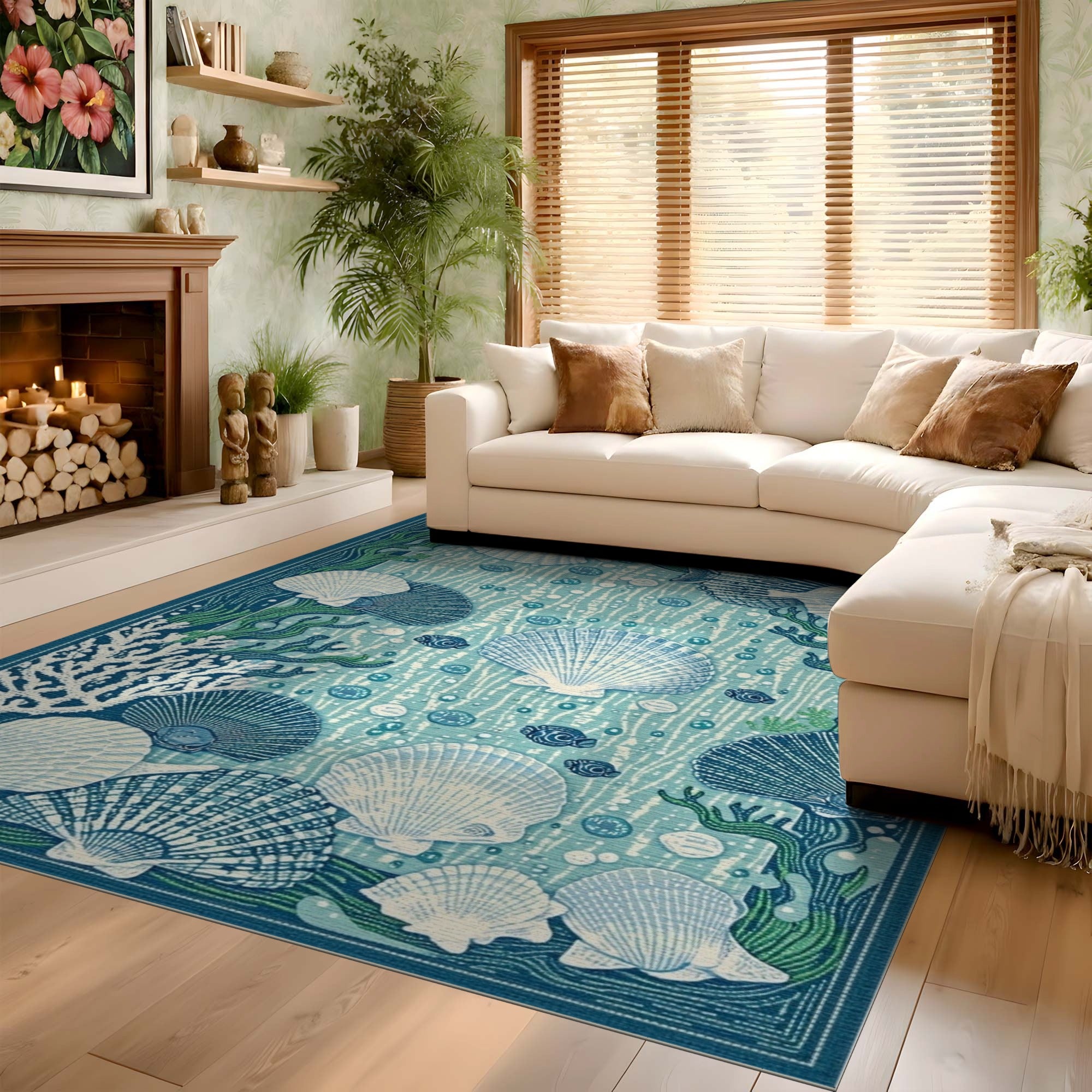 ODIKA Coastal Sea Shell Washable Area Rug - Teal Blue Nautical Low Pile Non-Slip Rug
