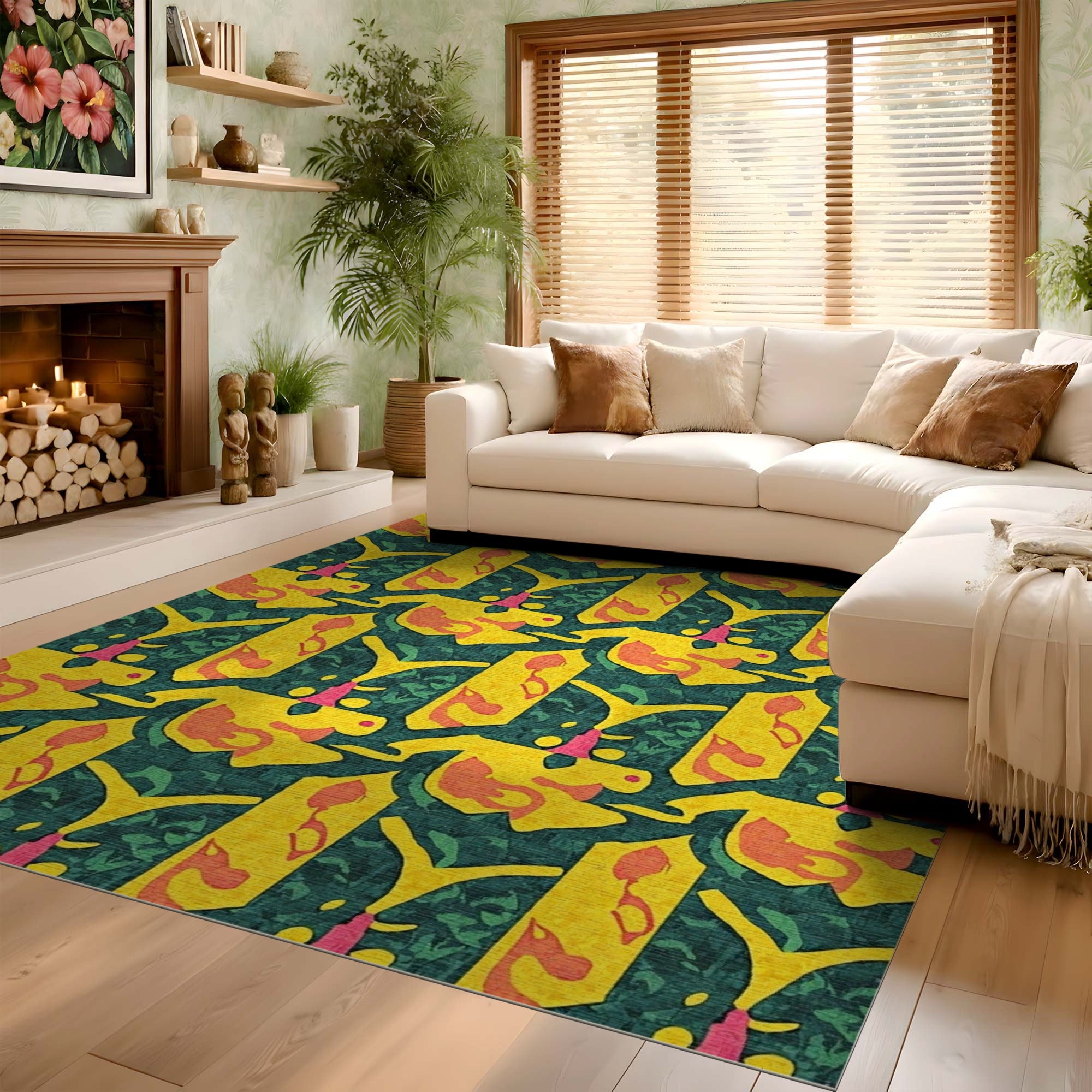 ODIKA Washable Abstract Geometric Yellow & Green Low Pile Area Rug