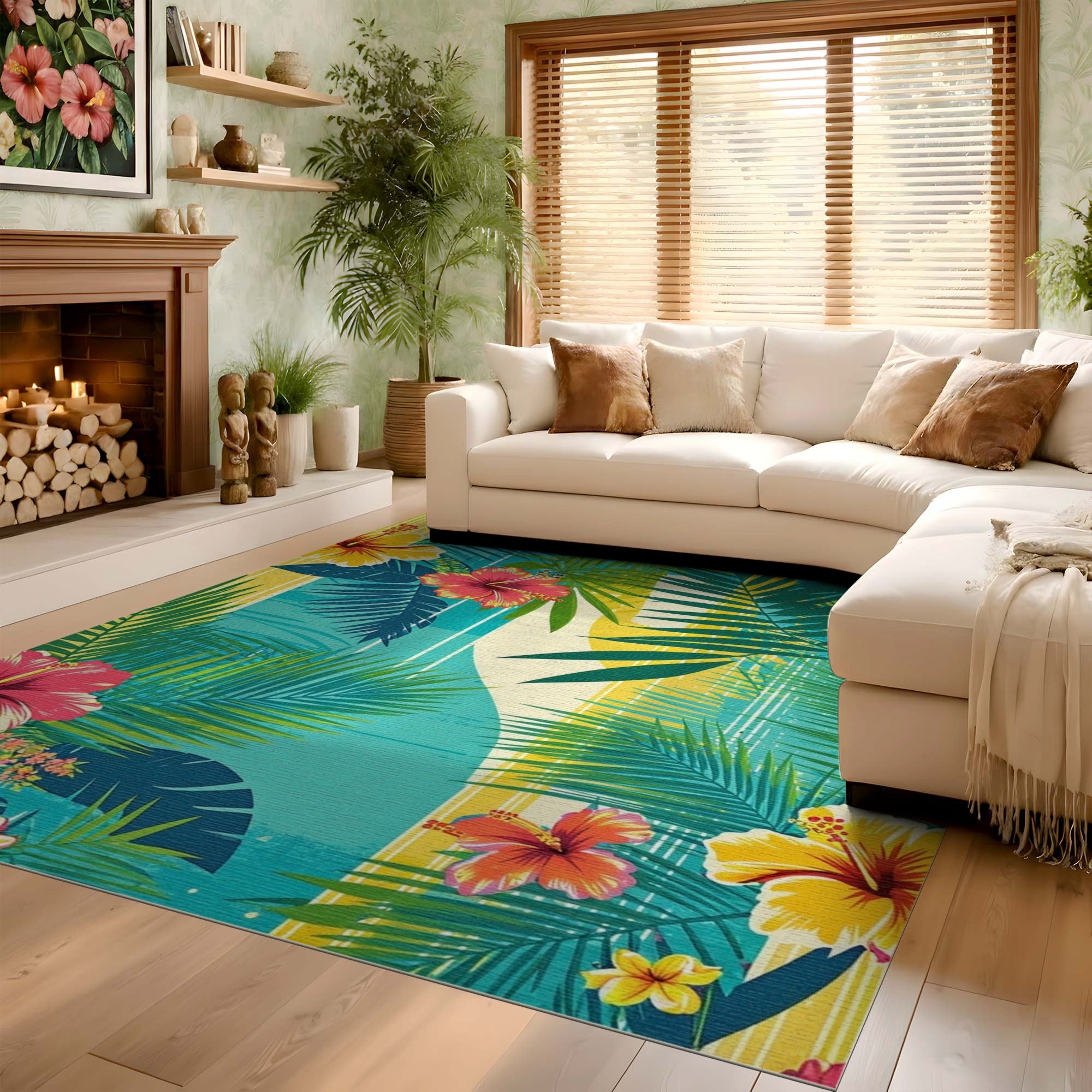 ODIKA Washable Tropical Palm & Hibiscus Floral Low Pile Area Rug