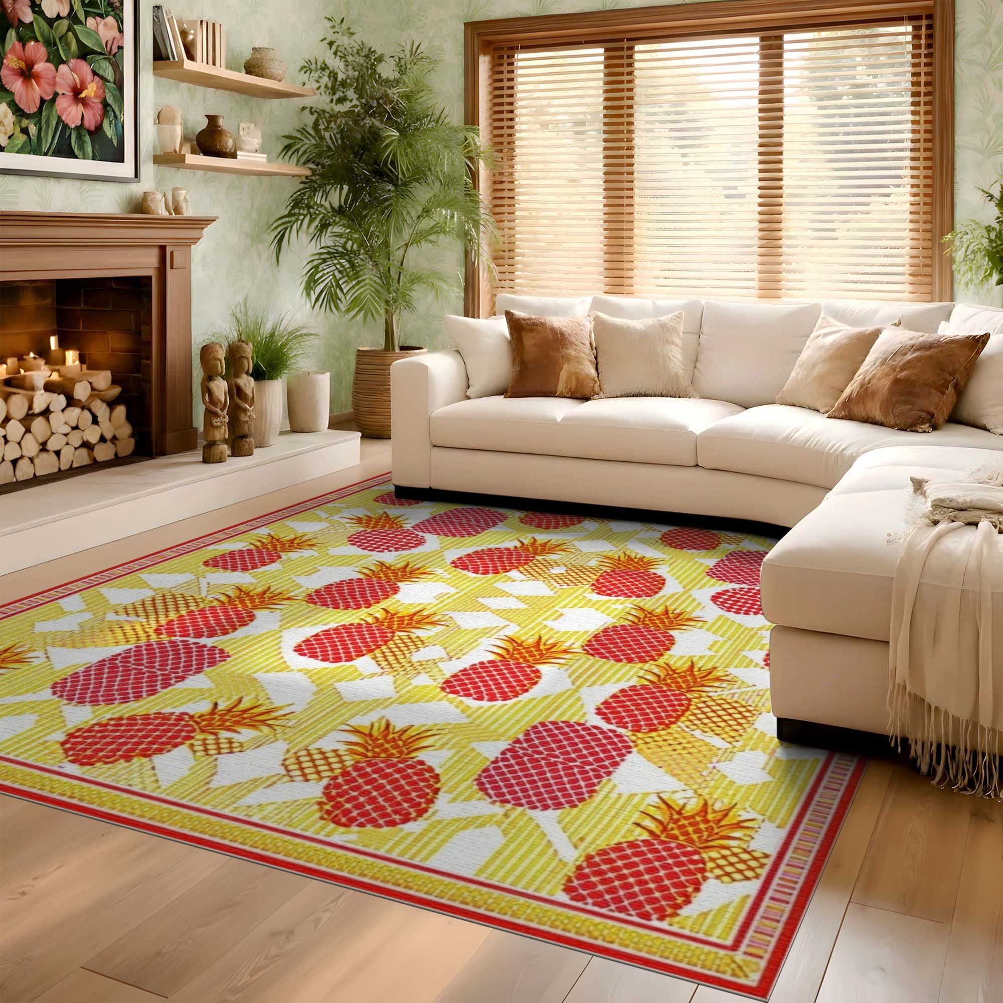 ODIKA Washable Tropical Pineapple Red & Yellow Geometric Low Pile Area Rug