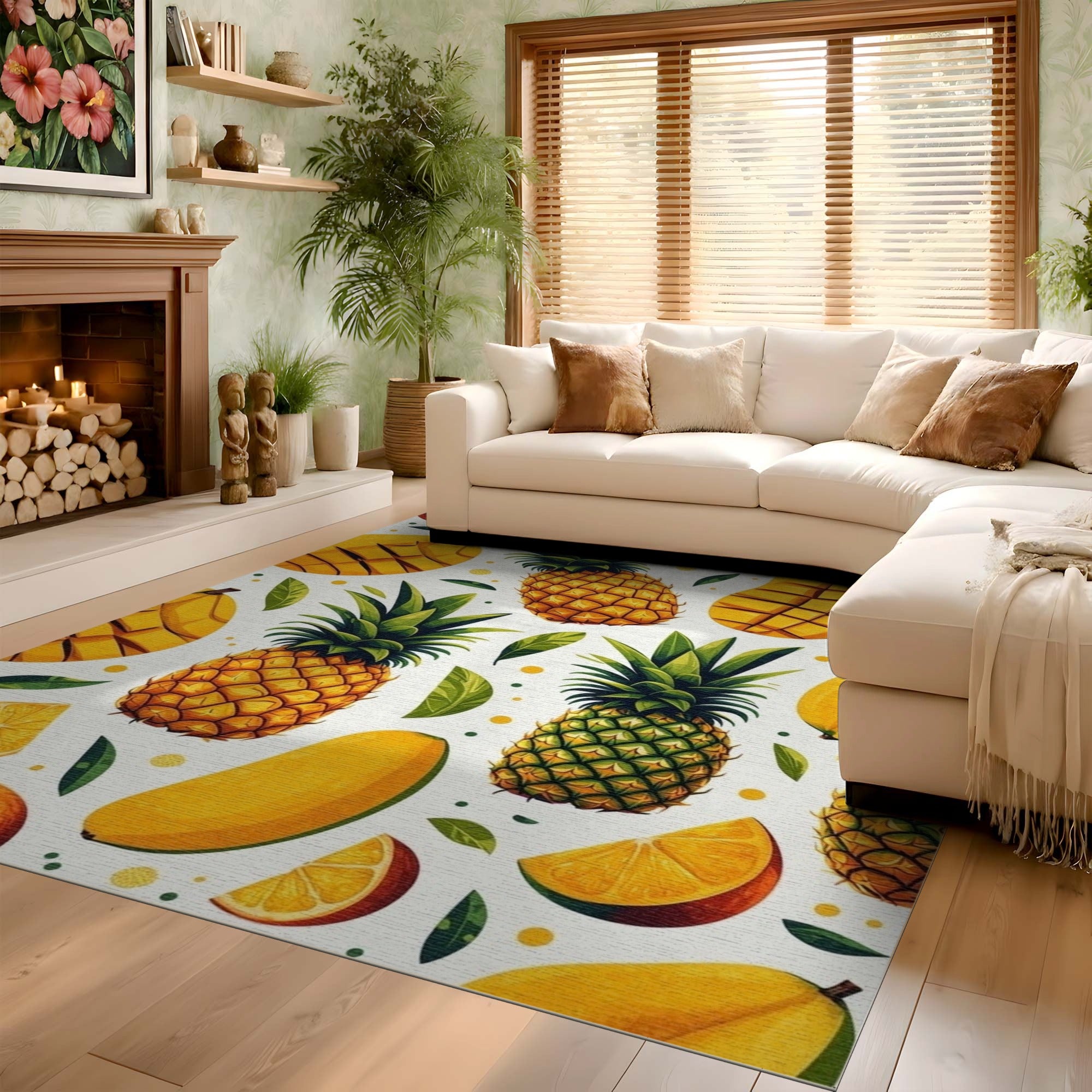 ODIKA Tropical Fruit Pineapple Mango Washable Area Rug, Low Pile Non-Slip Indoor Carpet