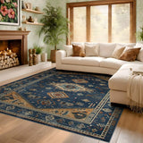 ODIKA Washable Southwestern Tribal Blue Area Rug - Low Pile, Non-Slip & Pet Friendly
