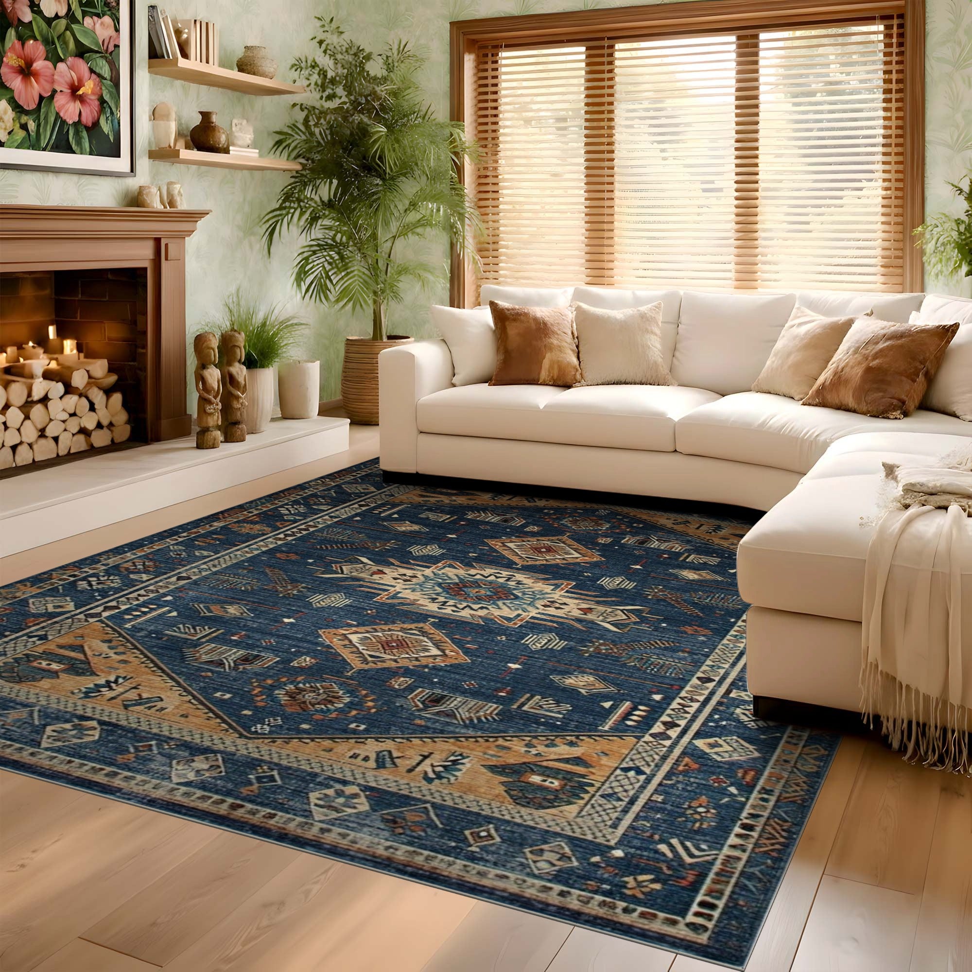 ODIKA Washable Southwestern Tribal Blue Area Rug - Low Pile, Non-Slip & Pet Friendly