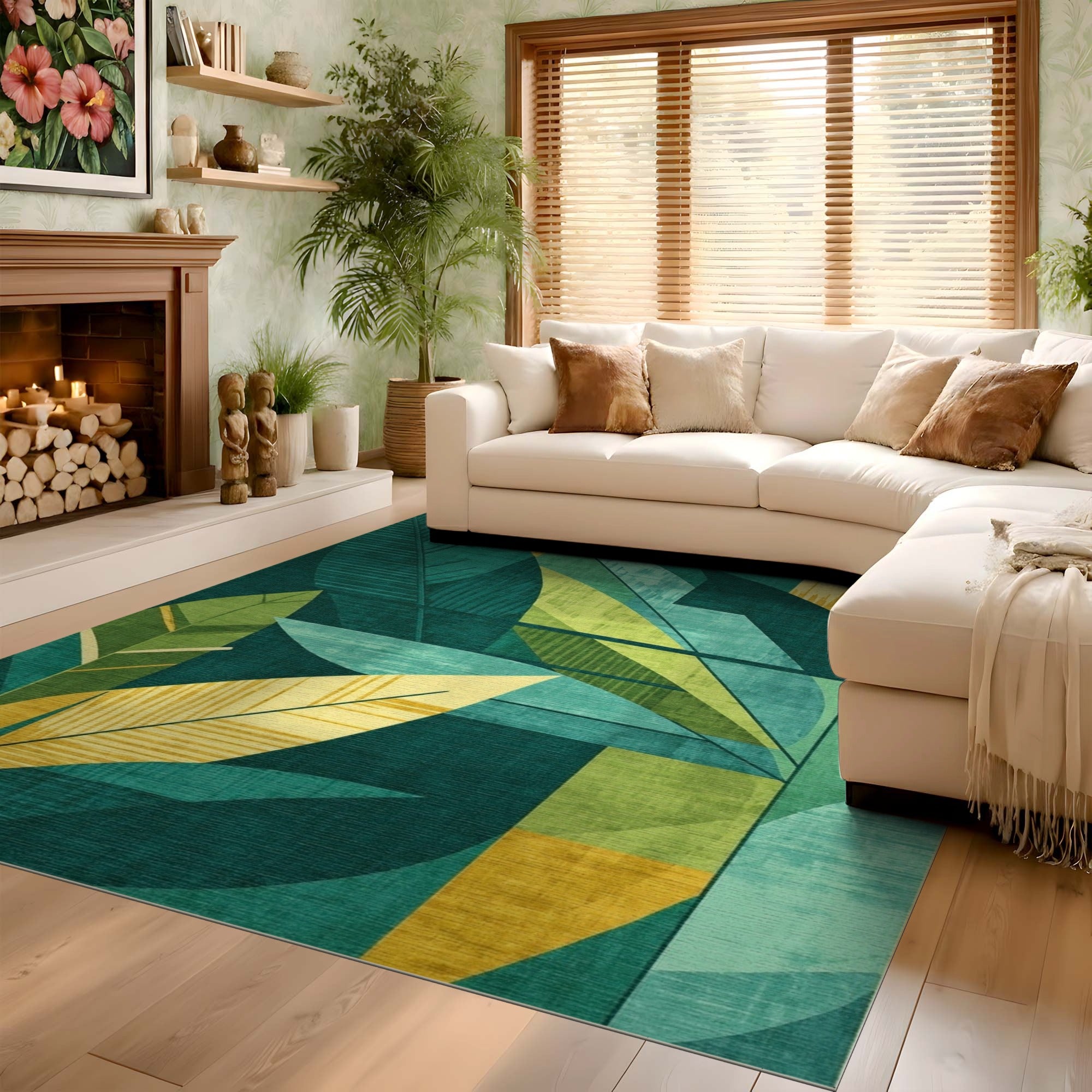 ODIKA Abstract Emerald Green Tropical Leaf Washable Low Pile Area Rug - Non-Slip & Pet Friendly
