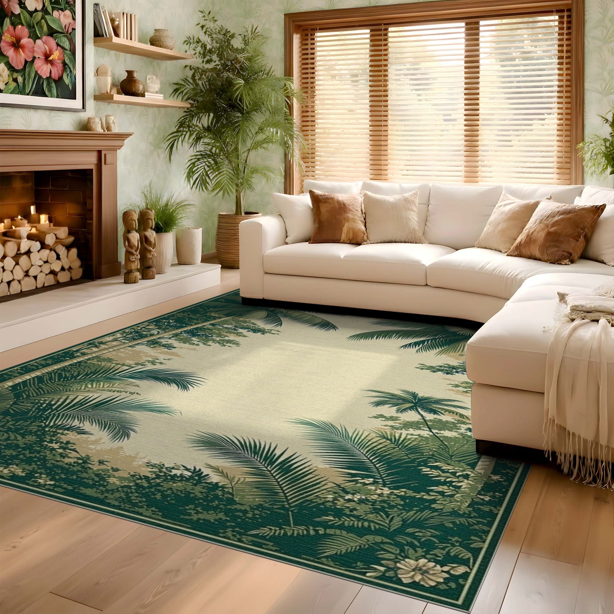 ODIKA Washable Tropical Palm Leaf Vintage Green Area Rug - Low Pile Non-Slip
