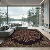 Rich Burgundy Golden Floral Mandala Rug