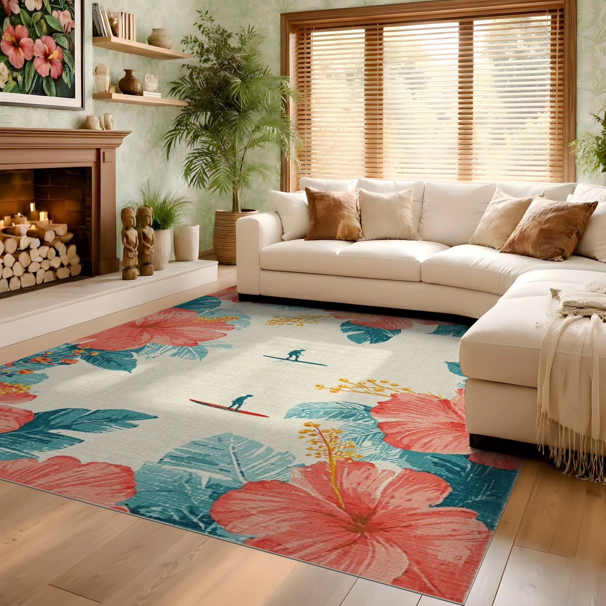 ODIKA Washable Tropical Hibiscus Floral Rug - Non-Slip Low Pile Coastal Surfer Area Rug
