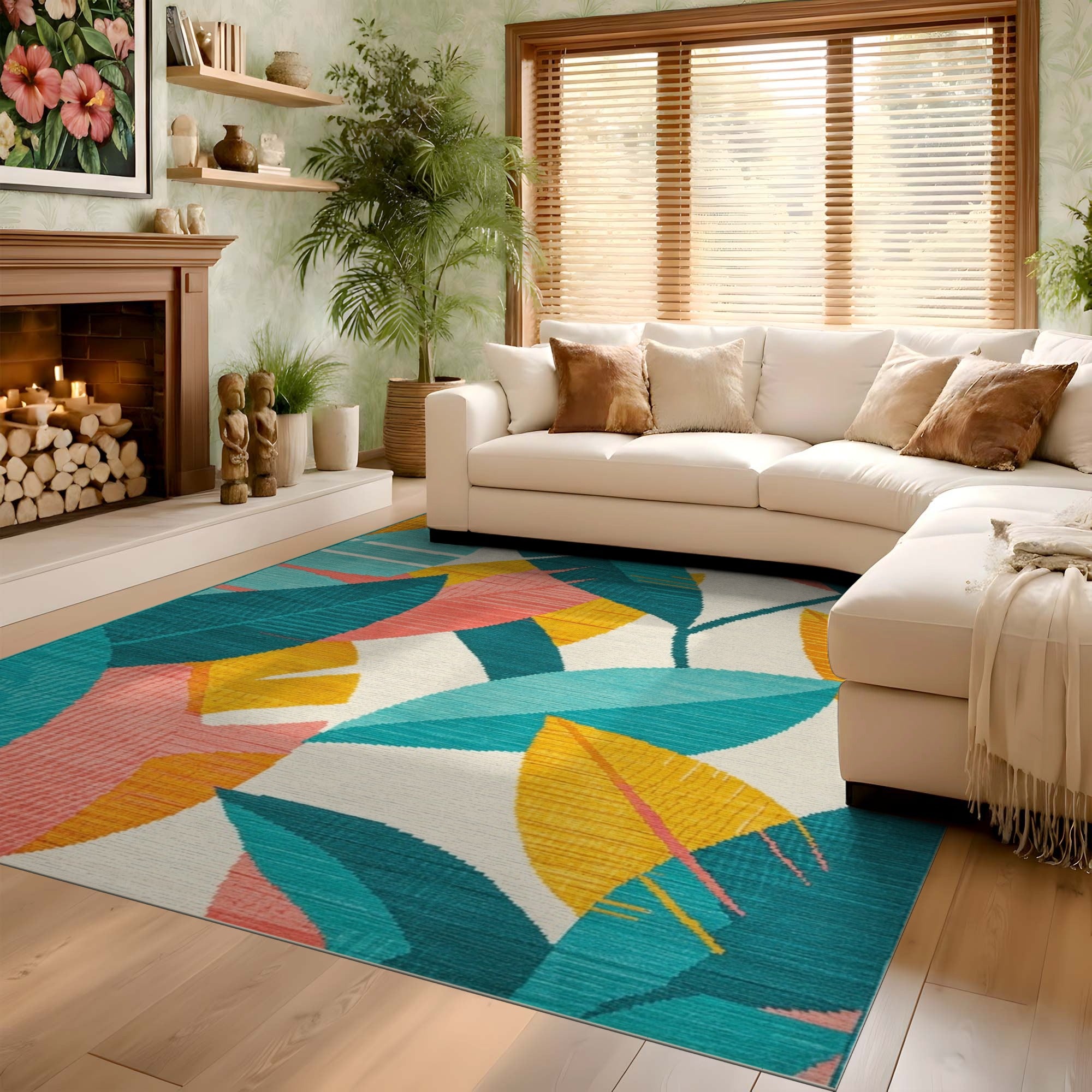ODIKA Washable Tropical Leaf Pattern Low Pile Non-Slip Area Rug
