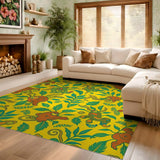ODIKA Surrealist Mythical Creature Washable Area Rug - Vibrant Yellow Low Pile Non-Slip Botanical Carpet