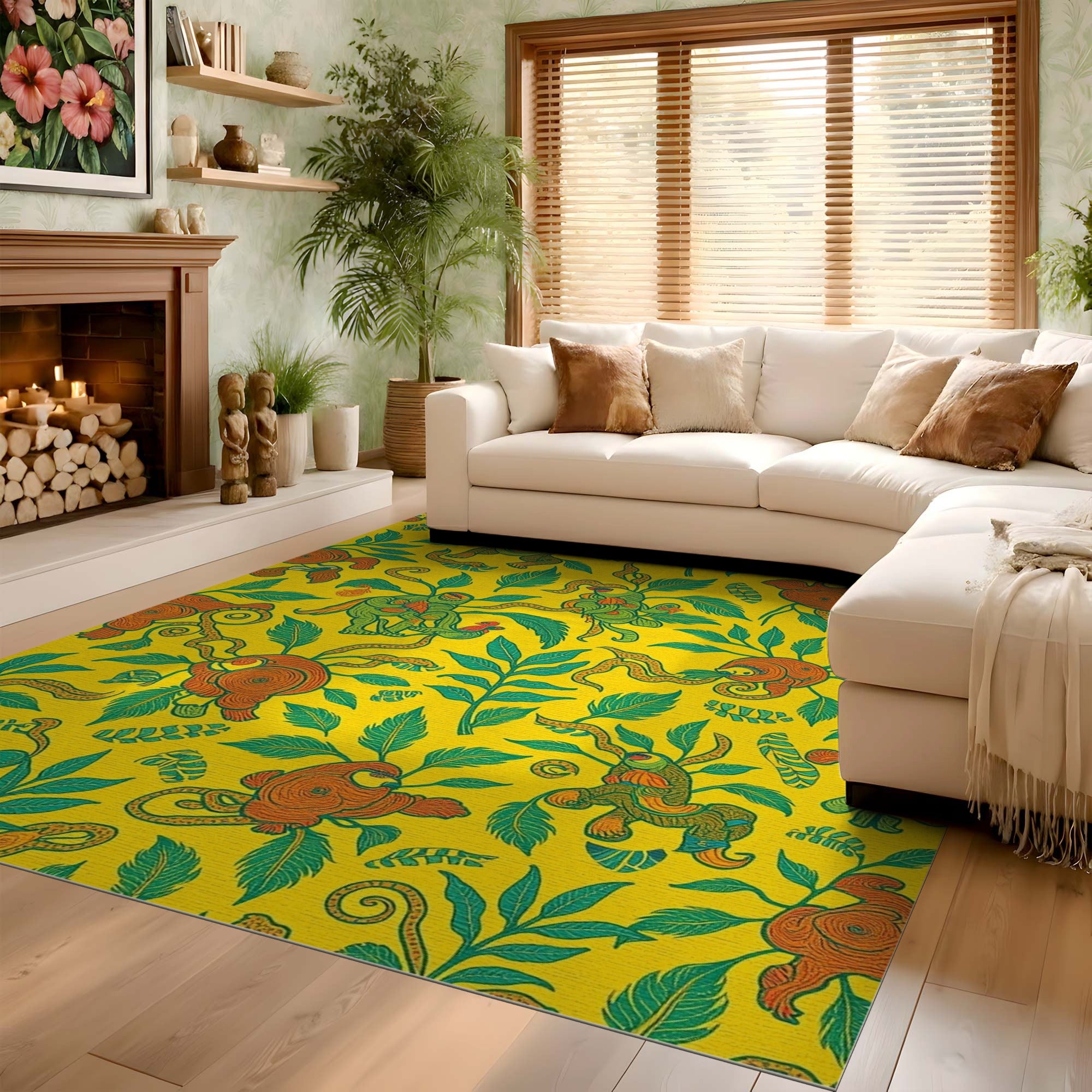 ODIKA Surrealist Mythical Creature Washable Area Rug - Vibrant Yellow Low Pile Non-Slip Botanical Carpet