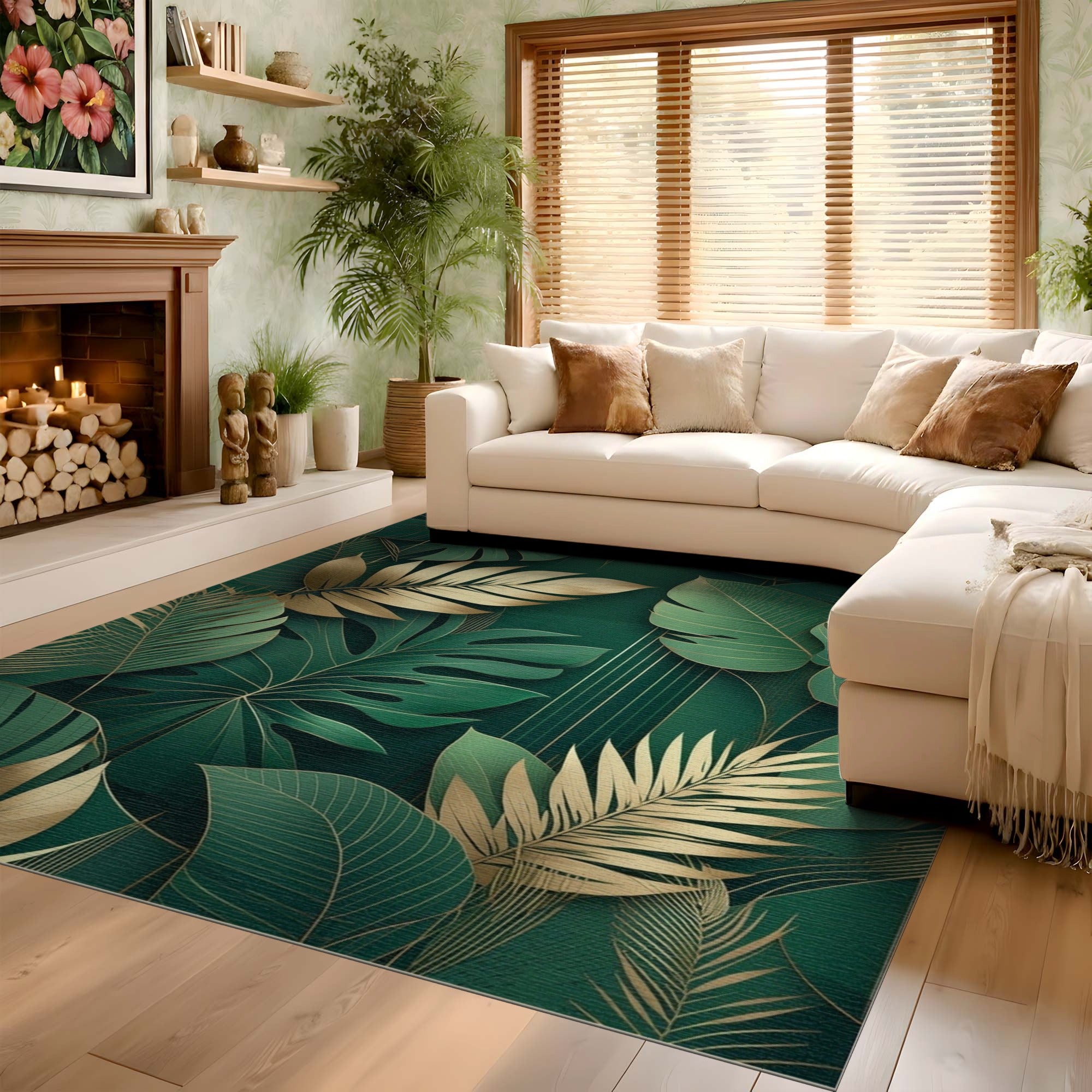 ODIKA Emerald Green & Gold Tropical Leaf Washable Area Rug - Art Deco Modern Low Pile