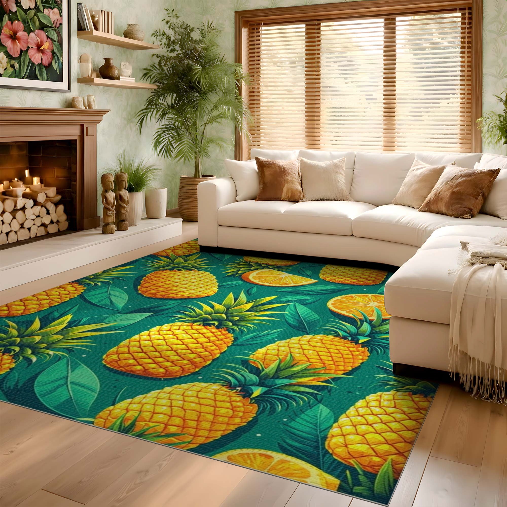 ODIKA Tropical Pineapple and Orange Print Washable Area Rug - Low Pile Non-Slip Floor Mat