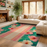 ODIKA Tropical Hibiscus Washable Area Rug - Pink Floral Palm Leaf Low Pile Rug