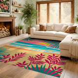 ODIKA Tropical Sunset Beach Washable Area Rug, Low Pile Non-Slip Retro Palm Leaf Indoor Rug