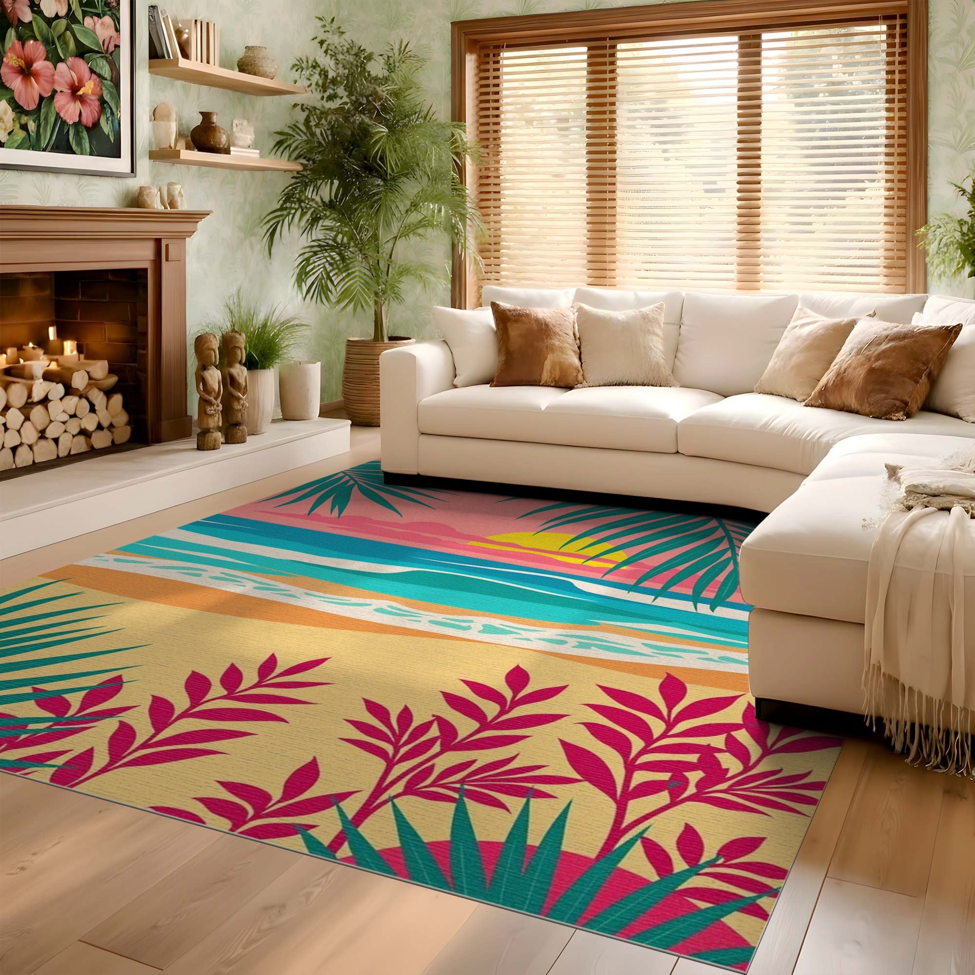 ODIKA Tropical Sunset Beach Washable Area Rug, Low Pile Non-Slip Retro Palm Leaf Indoor Rug