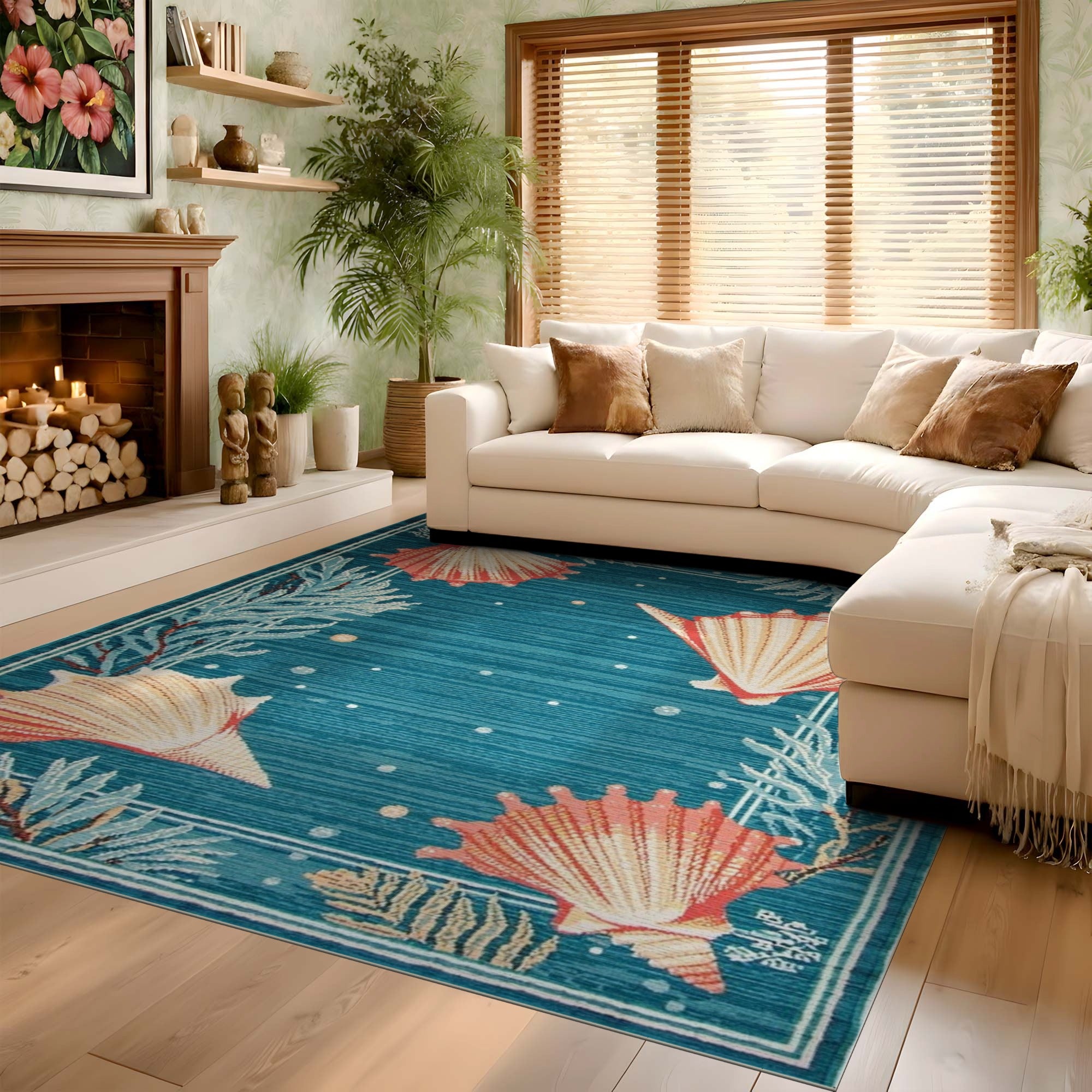ODIKA Washable Coastal Seashell Area Rug - Teal Blue Non-Slip Low Pile Rug