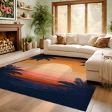 ODIKA Retro Sunset Palm Tree Washable Area Rug, Non-Slip Low Pile Tropical Rug for Living Room