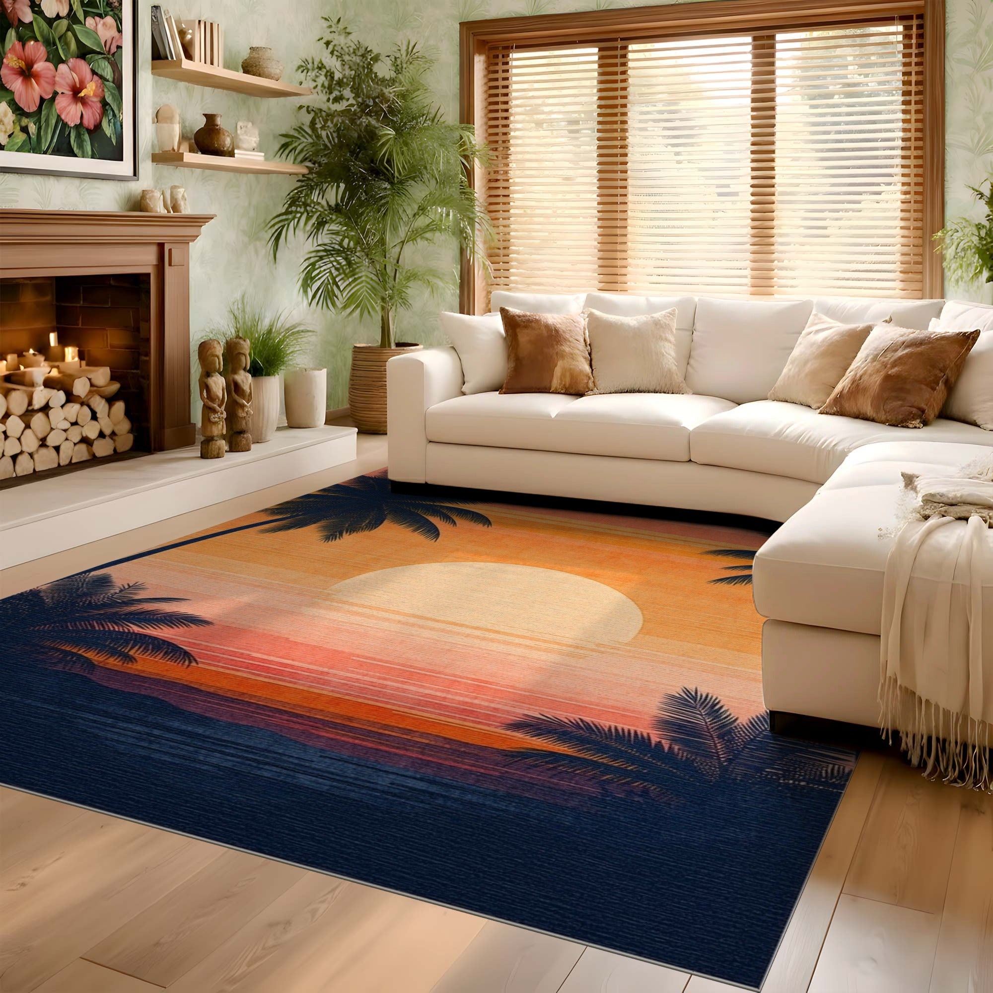 ODIKA Retro Sunset Palm Tree Washable Area Rug, Non-Slip Low Pile Tropical Rug for Living Room