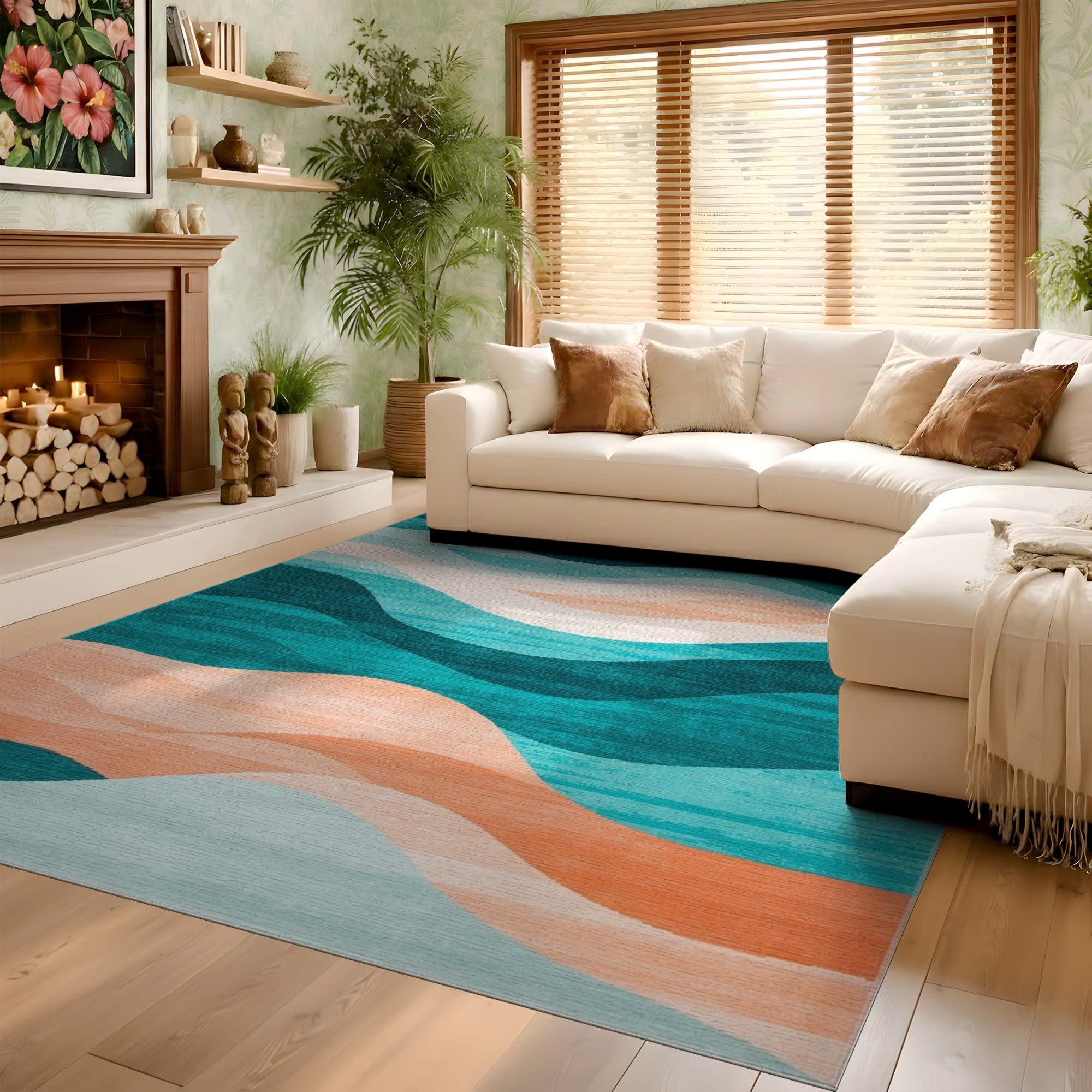 ODIKA Modern Abstract Wavy Teal & Peach Washable Area Rug - Low Pile Non-Slip