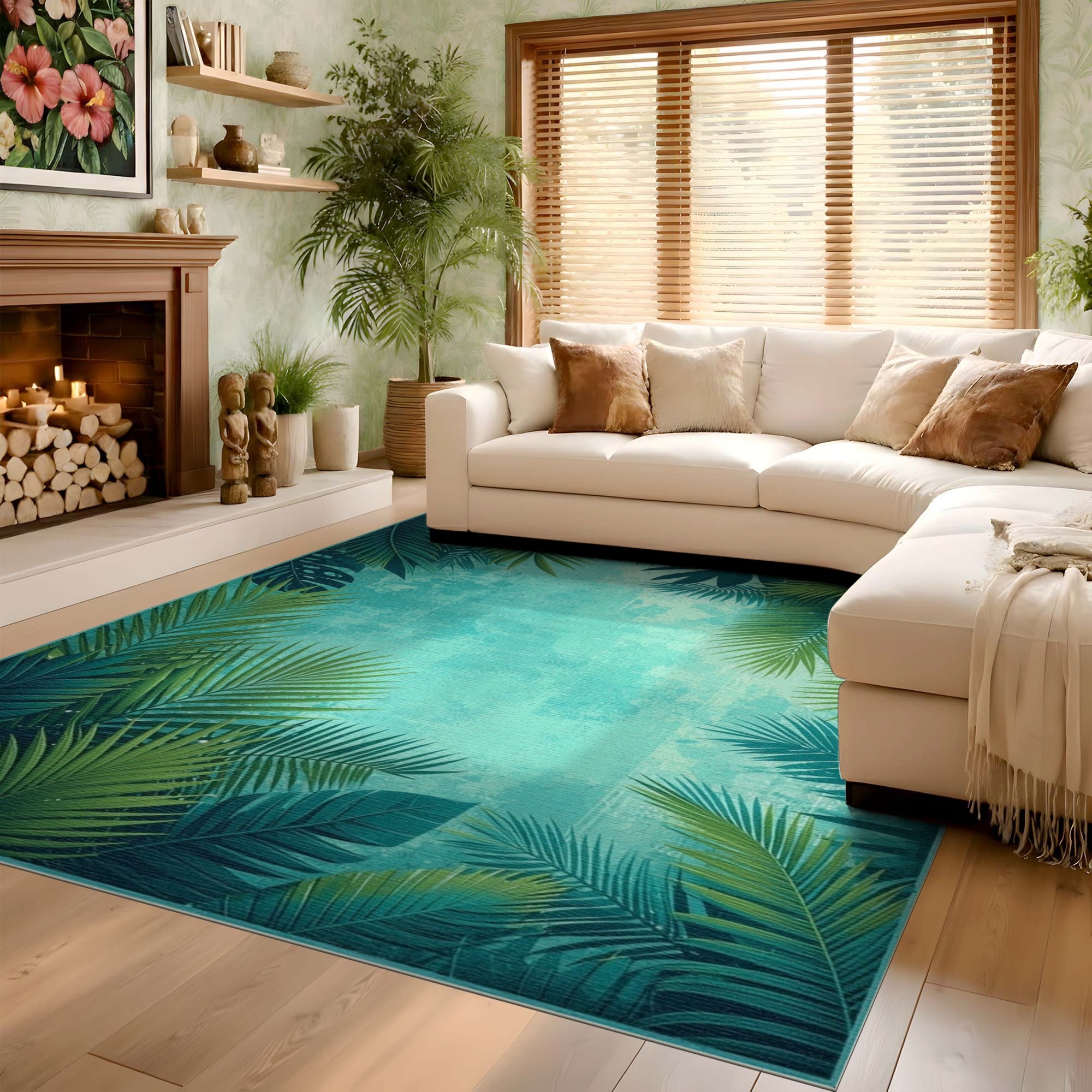 ODIKA Tropical Palm Leaf Washable Area Rug - Low Pile Non-Slip Botanical Teal Decor