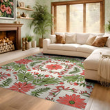 ODIKA Washable Art Nouveau Floral Area Rug - Vintage Red & Sage Green Low Pile Non-Slip Carpet