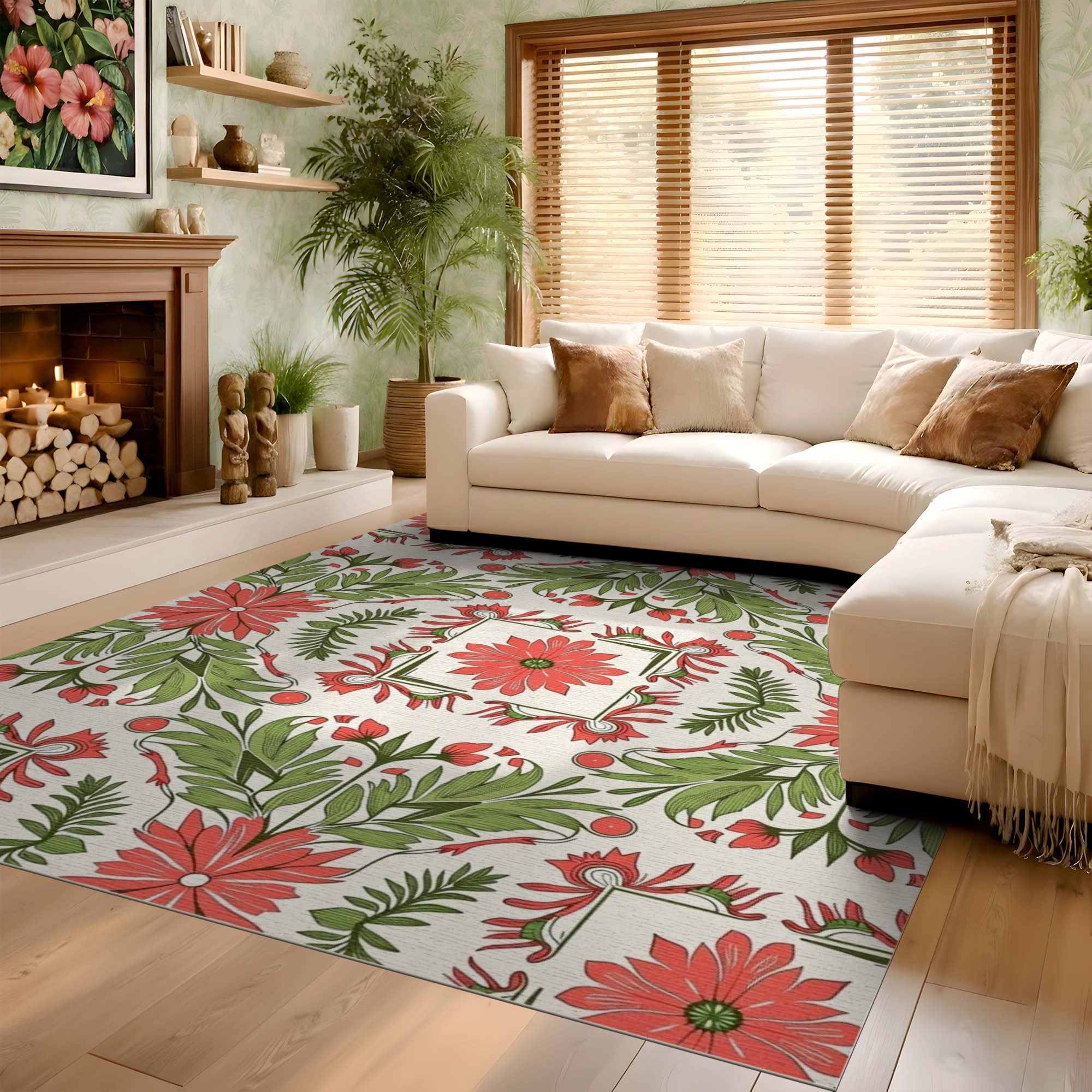 ODIKA Washable Art Nouveau Floral Area Rug - Vintage Red & Sage Green Low Pile Non-Slip Carpet