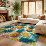 ODIKA Tropical Pineapple and Citrus Washable Low Pile Area Rug - Non-Slip & Pet Friendly