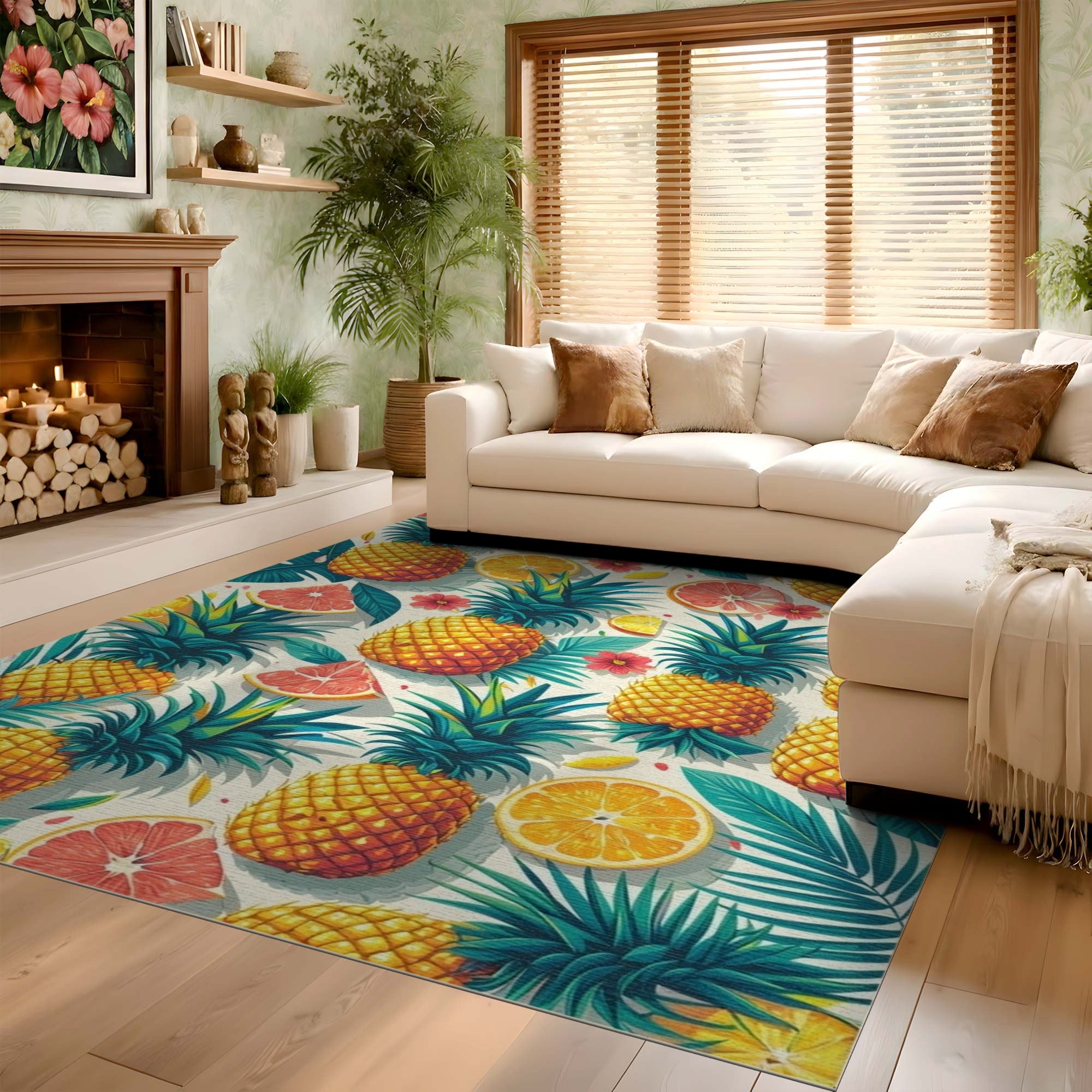 ODIKA Tropical Pineapple and Citrus Washable Low Pile Area Rug - Non-Slip & Pet Friendly