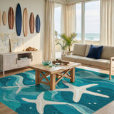 ODIKA Starfish Coastal Teal Washable Area Rug - Low Pile Non-Slip Nautical Decor