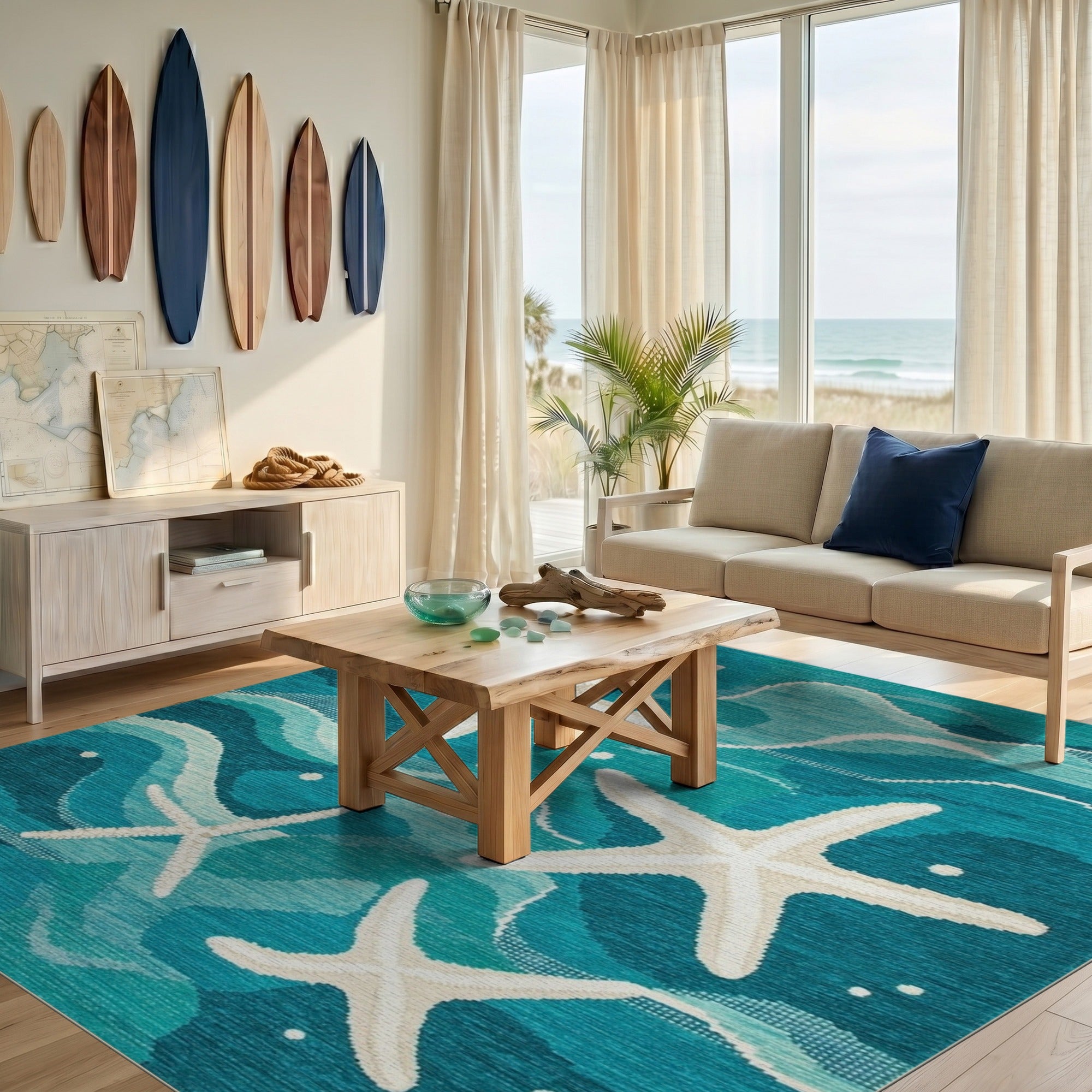 ODIKA Starfish Coastal Teal Washable Area Rug - Low Pile Non-Slip Nautical Decor
