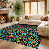 ODIKA Washable Vibrant Floral Area Rug - Low Pile Non-Slip Colorful Botanical Carpet