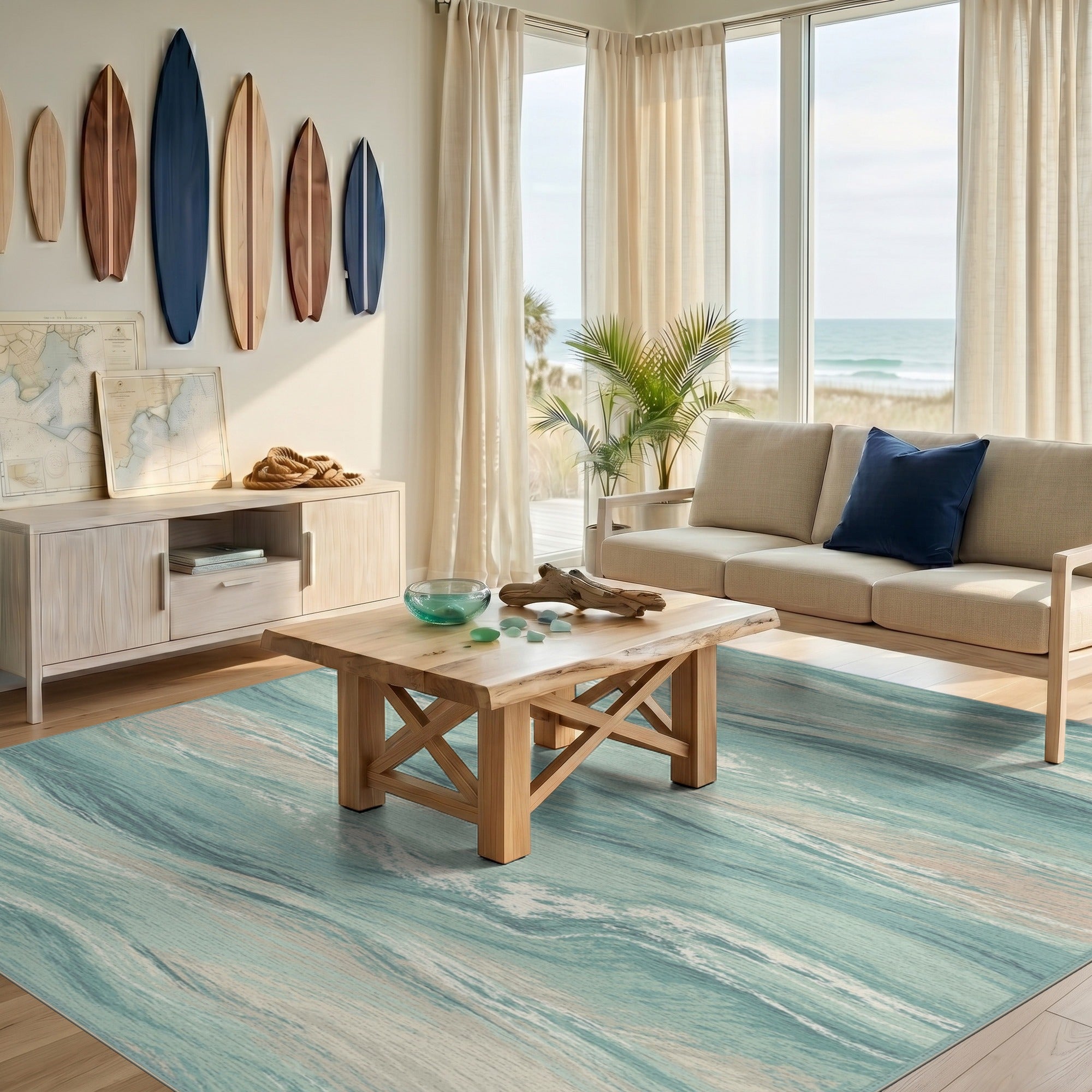 Blue Teal Coastal Waves Area Rug