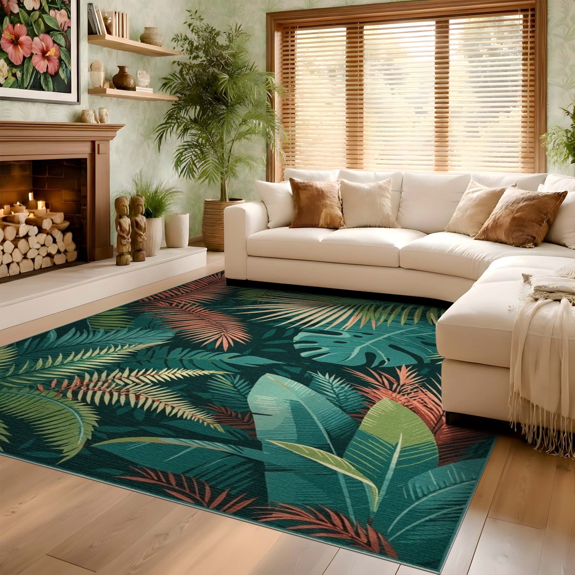 ODIKA Tropical Jungle Washable Area Rug - Low Pile Non-Slip Botanical Floor Mat