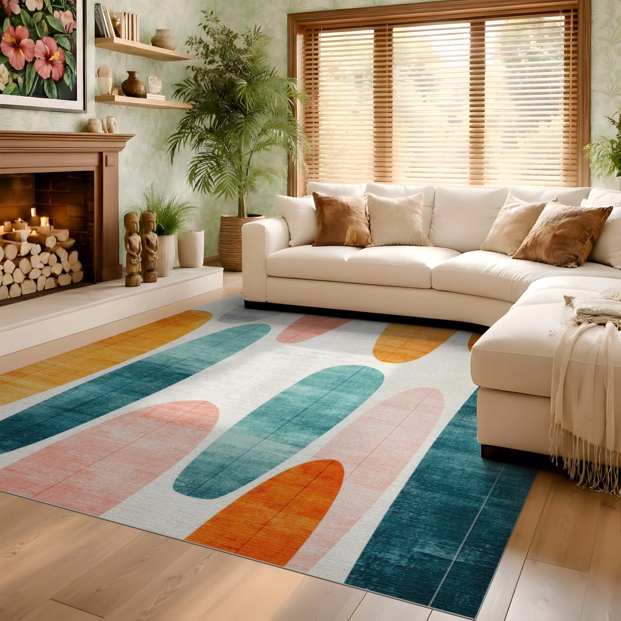 ODIKA Mid-Century Modern Abstract Washable Area Rug - Low Pile, Non-Slip & Pet Friendly
