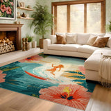 ODIKA Vintage Surf & Hibiscus Washable Rug - Non-Slip Tropical Low Pile Area Rug