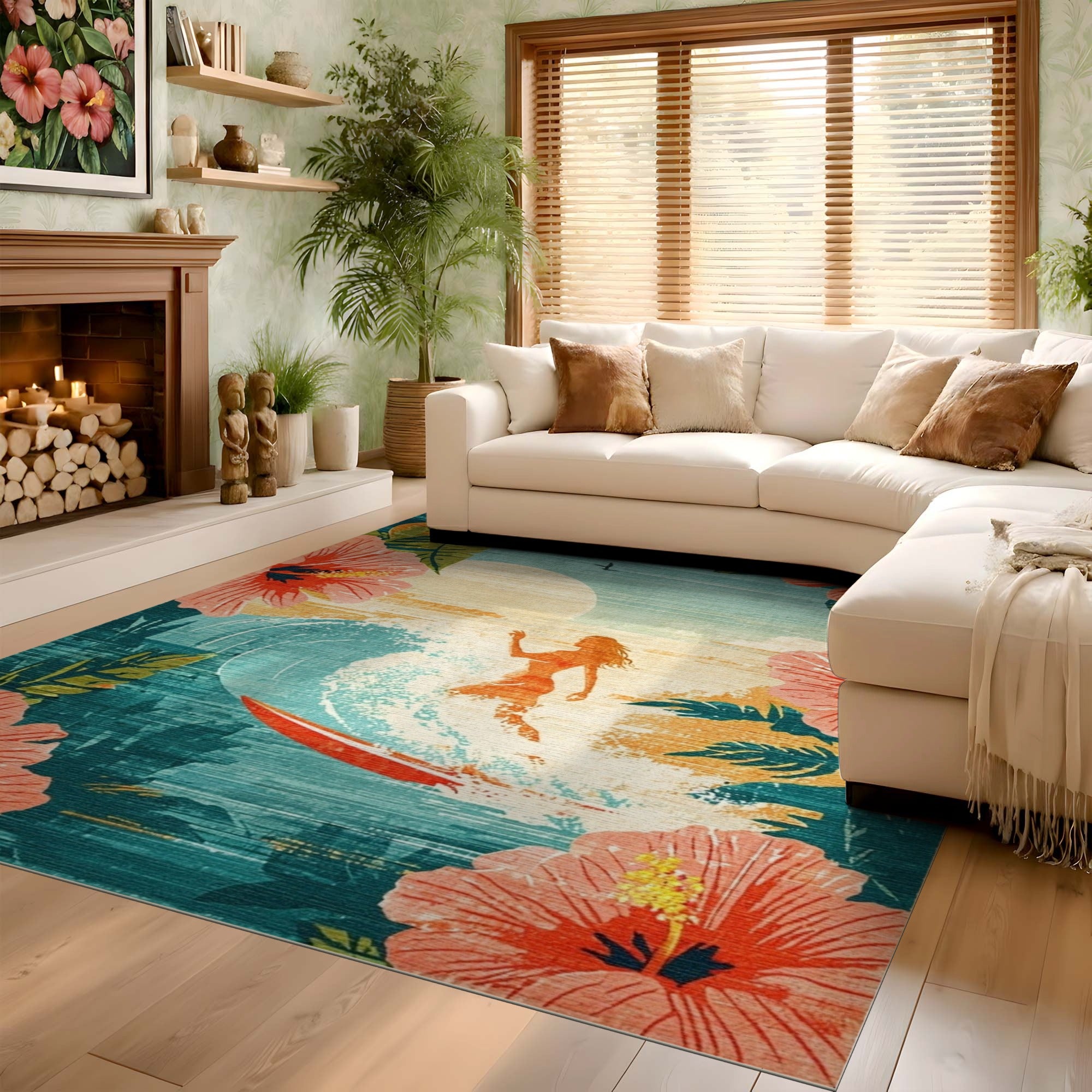 ODIKA Vintage Surf & Hibiscus Washable Rug - Non-Slip Tropical Low Pile Area Rug