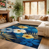 ODIKA Tropical Blue & Gold Hibiscus Washable Rug - Low Pile Non-Slip Area Rug