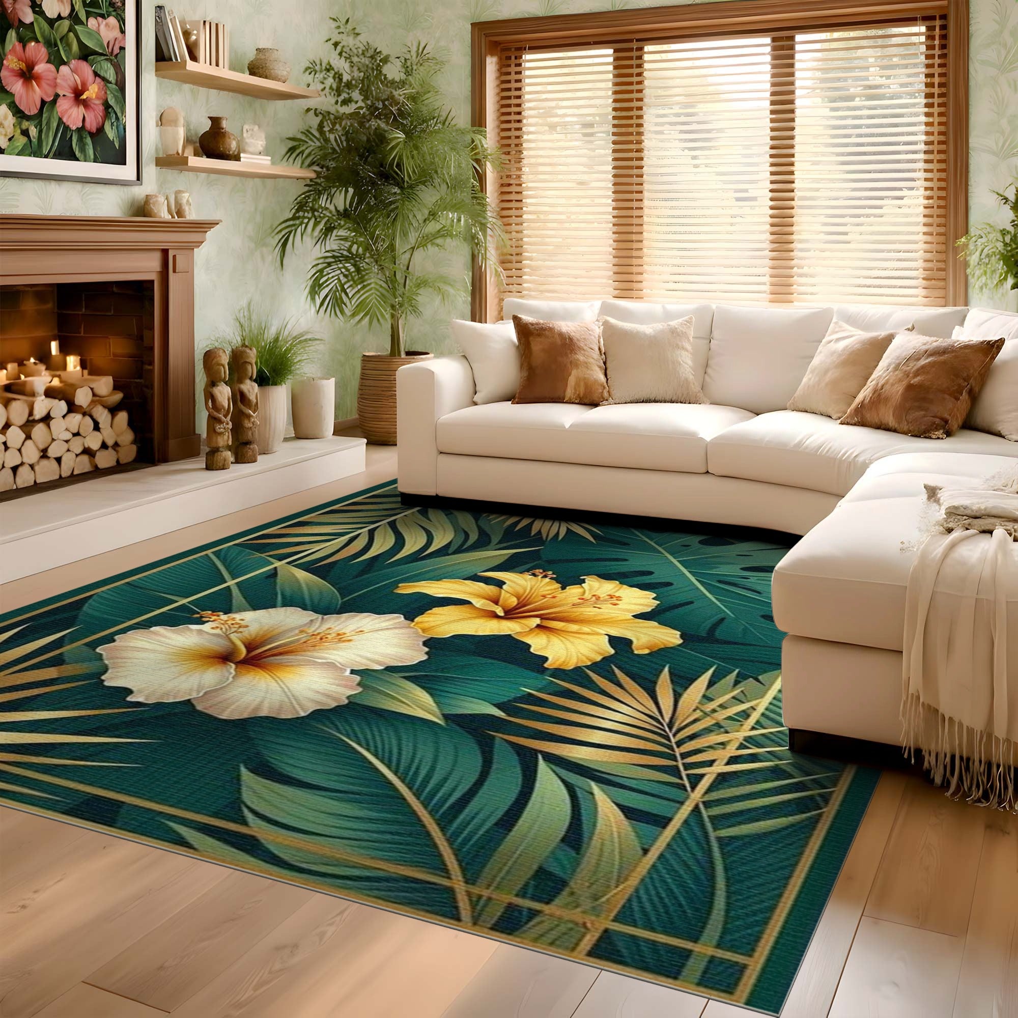 ODIKA Tropical Hibiscus Washable Rug - Green & Gold Palm Leaf Low Pile Area Rug
